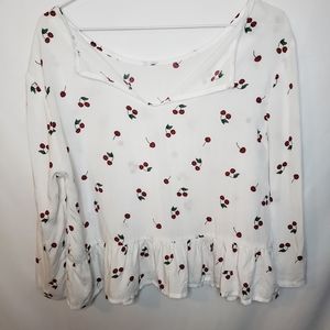 White cherry print peasant blouse peplum